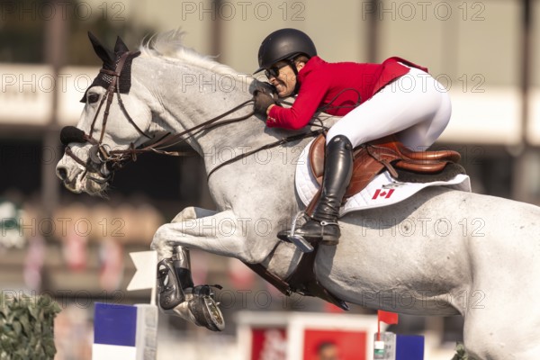 Susan Horn of Canada, riding, Dominka Van De Lucashoeve, competes in the first round of the 2025 BMO Nations Cup during the Spruce Meadows Masters on September 6, 2025 in Calgary, Alberta, Canada, North America
