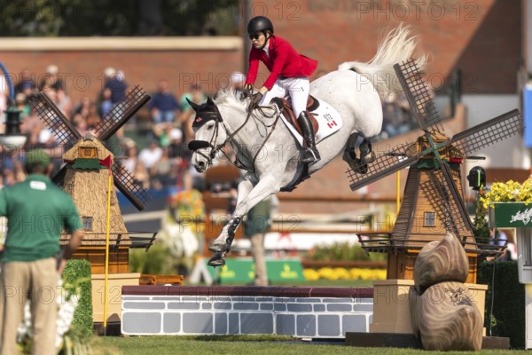 Susan Horn of Canada, riding, Dominka Van De Lucashoeve, competes in the first round of the 2025 BMO Nations Cup during the Spruce Meadows Masters on September 6, 2025 in Calgary, Alberta, Canada, North America