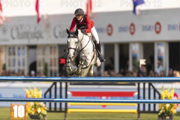 Katharina Rhomberg of Austria, riding Colestus Cambridge, competes in the first round of the 2025 BMO Nations Cup during the Spruce Meadows Masters on September 6, 2025 in Calgary, Alberta, Canada, North America