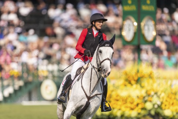 Katharina Rhomberg of Austria, riding Colestus Cambridge, competes in the first round of the 2025 BMO Nations Cup during the Spruce Meadows Masters on September 6, 2025 in Calgary, Alberta, Canada, North America