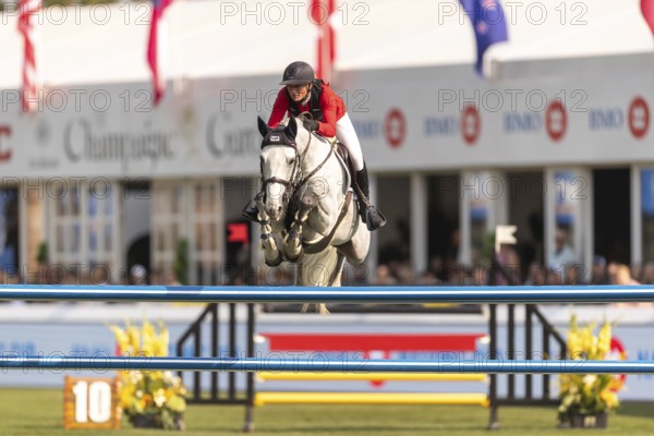 Katharina Rhomberg of Austria, riding Colestus Cambridge, competes in the first round of the 2025 BMO Nations Cup during the Spruce Meadows Masters on September 6, 2025 in Calgary, Alberta, Canada, North America