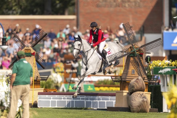 Katharina Rhomberg of Austria, riding Colestus Cambridge, competes in the first round of the 2025 BMO Nations Cup during the Spruce Meadows Masters on September 6, 2025 in Calgary, Alberta, Canada, North America