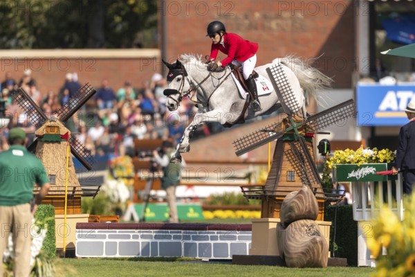 Susan Horn of Canada, riding, Dominka Van De Lucashoeve, competes in the first round of the 2025 BMO Nations Cup during the Spruce Meadows Masters on September 6, 2025 in Calgary, Alberta, Canada, North America