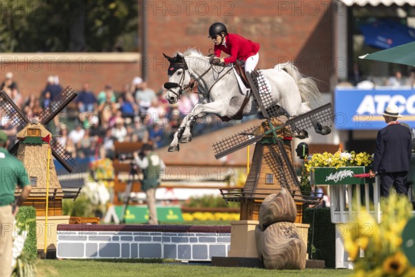 Susan Horn of Canada, riding, Dominka Van De Lucashoeve, competes in the first round of the 2025 BMO Nations Cup during the Spruce Meadows Masters on September 6, 2025 in Calgary, Alberta, Canada, North America