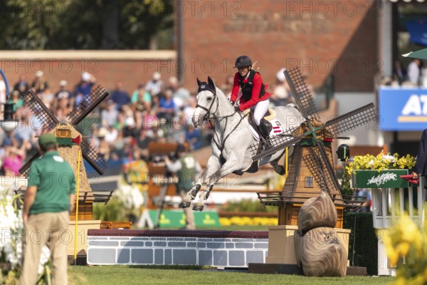 Katharina Rhomberg of Austria, riding Colestus Cambridge, competes in the first round of the 2025 BMO Nations Cup during the Spruce Meadows Masters on September 6, 2025 in Calgary, Alberta, Canada, North America