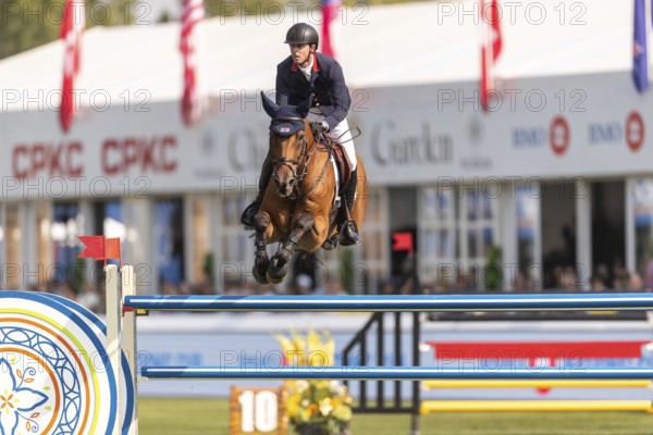 Ben Maher of England, riding Enjeu De Grisien, competes in the first round of the 2025 BMO Nations Cup during the Spruce Meadows Masters on September 6, 2025 in Calgary, Alberta, Canada, North America