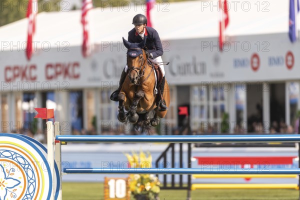 Ben Maher of England, riding Enjeu De Grisien, competes in the first round of the 2025 BMO Nations Cup during the Spruce Meadows Masters on September 6, 2025 in Calgary, Alberta, Canada, North America