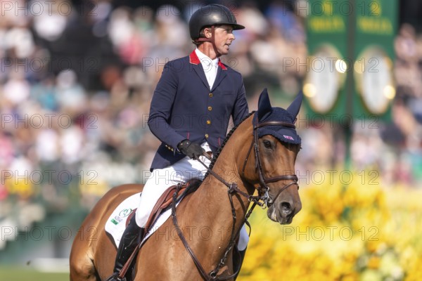 Ben Maher of England, riding Enjeu De Grisien, competes in the first round of the 2025 BMO Nations Cup during the Spruce Meadows Masters on September 6, 2025 in Calgary, Alberta, Canada, North America