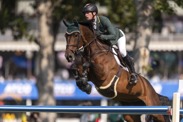 Daniel Coyle of Ireland, riding Legacy, competes in the first round of the 2025 BMO Nations Cup during the Spruce Meadows Masters on September 6, 2025 in Calgary, Alberta, Canada, North America