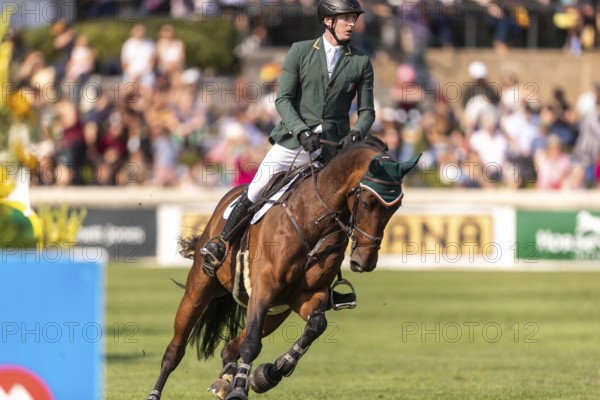 Daniel Coyle of Ireland, riding Legacy, competes in the first round of the 2025 BMO Nations Cup during the Spruce Meadows Masters on September 6, 2025 in Calgary, Alberta, Canada, North America