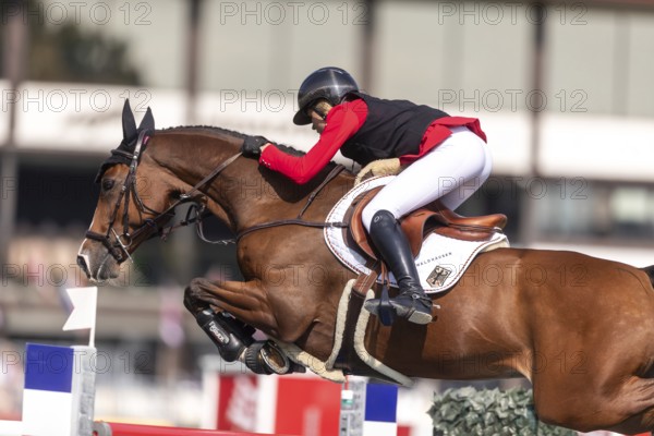 Sophie Hinners of Germany, riding Iron Dames Singclair, competes in the first round of the 2025 BMO Nations Cup during the Spruce Meadows Masters on September 6, 2025 in Calgary, Alberta, Canada, North America
