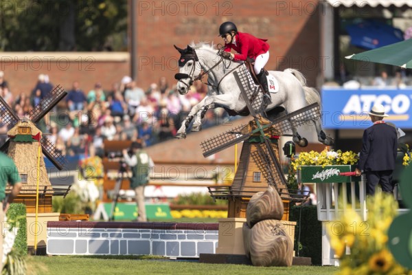 Susan Horn of Canada, riding, Dominka Van De Lucashoeve, competes in the first round of the 2025 BMO Nations Cup during the Spruce Meadows Masters on September 6, 2025 in Calgary, Alberta, Canada, North America