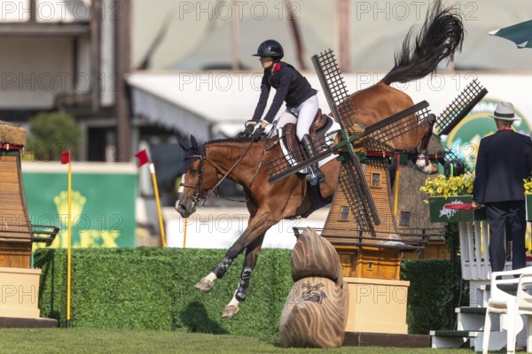 Nina Mallevaey of France, riding Nikka VD Bisschop, competes in the first round of the 2025 BMO Nations Cup during the Spruce Meadows Masters on September 6, 2025 in Calgary, Alberta, Canada, North America