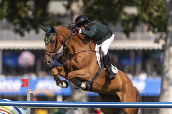 Gabriel De Matos Machado of Brazil, riding Nyles Van de Mottelhoeve, competes in the first round of the 2025 BMO Nations Cup during the Spruce Meadows Masters on September 6, 2025 in Calgary, Alberta, Canada, North America