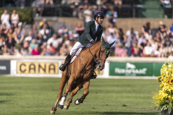 Gabriel De Matos Machado of Brazil, riding Nyles Van de Mottelhoeve, competes in the first round of the 2025 BMO Nations Cup during the Spruce Meadows Masters on September 6, 2025 in Calgary, Alberta, Canada, North America