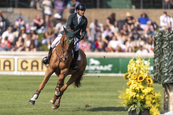 Gabriel De Matos Machado of Brazil, riding Nyles Van de Mottelhoeve, competes in the first round of the 2025 BMO Nations Cup during the Spruce Meadows Masters on September 6, 2025 in Calgary, Alberta, Canada, North America