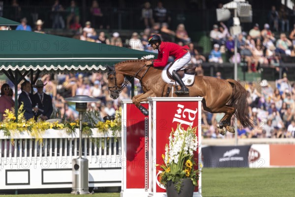 Christian Kukuk of Germany, riding Cepano Baloubet, competes in the first round of the 2025 BMO Nations Cup during the Spruce Meadows Masters on September 6, 2025 in Calgary, Alberta, Canada, North America