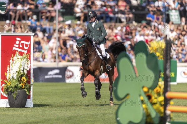 Daniel Coyle of Ireland, riding Legacy, competes in the first round of the 2025 BMO Nations Cup during the Spruce Meadows Masters on September 6, 2025 in Calgary, Alberta, Canada, North America