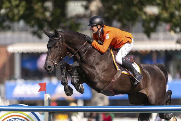 Michael Greeve of the Netherlands, riding Denver, competes in the first round of the 2025 BMO Nations Cup during the Spruce Meadows Masters on September 6, 2025 in Calgary, Alberta, Canada, North America