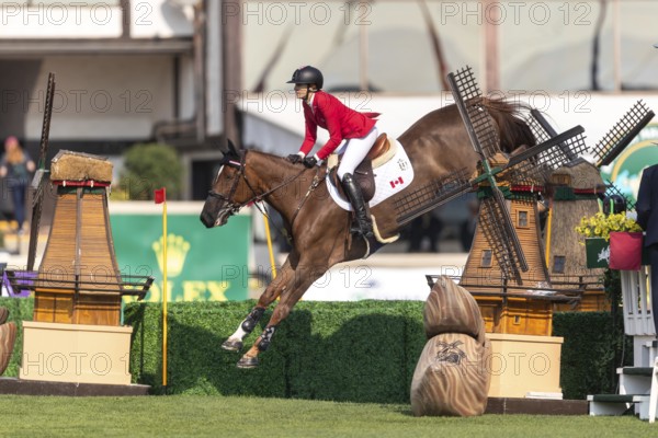Tiffany Foster of Canada, riding Electrique, competes in the first round of the 2025 BMO Nations Cup during the Spruce Meadows Masters on September 6, 2025 in Calgary, Alberta, Canada, North America