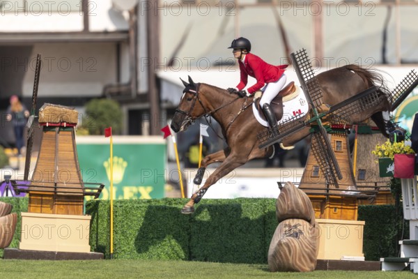Tiffany Foster of Canada, riding Electrique, competes in the first round of the 2025 BMO Nations Cup during the Spruce Meadows Masters on September 6, 2025 in Calgary, Alberta, Canada, North America