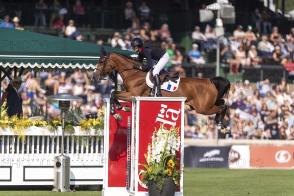 Nina Mallevaey of France, riding Nikka VD Bisschop, competes in the first round of the 2025 BMO Nations Cup during the Spruce Meadows Masters on September 6, 2025 in Calgary, Alberta, Canada, North America