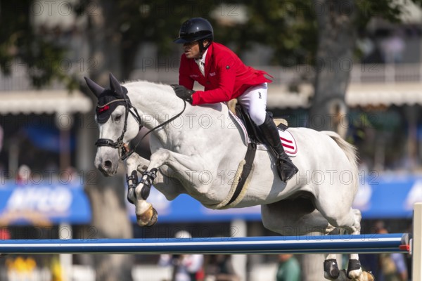 Marcus Saurugg of Austria, riding Oboras Crunchy Nut, competes in the first round of the 2025 BMO Nations Cup during the Spruce Meadows Masters on September 6, 2025 in Calgary, Alberta, Canada, North America