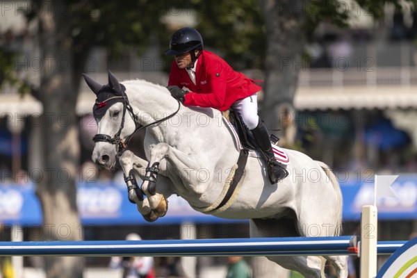 Marcus Saurugg of Austria, riding Oboras Crunchy Nut, competes in the first round of the 2025 BMO Nations Cup during the Spruce Meadows Masters on September 6, 2025 in Calgary, Alberta, Canada, North America