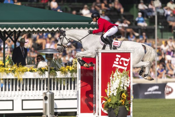 Marcus Saurugg of Austria, riding Oboras Crunchy Nut, competes in the first round of the 2025 BMO Nations Cup during the Spruce Meadows Masters on September 6, 2025 in Calgary, Alberta, Canada, North America