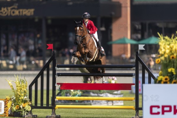 Tiffany Foster of Canada, riding Electrique, competes in the first round of the 2025 BMO Nations Cup during the Spruce Meadows Masters on September 6, 2025 in Calgary, Alberta, Canada, North America