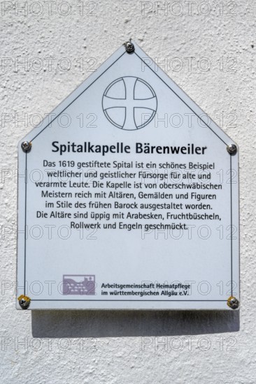 Information sign, hospital chapel in Bärenweiler from 1619 near Kisslegg, Allgäu, Baden-Württemberg, Germany