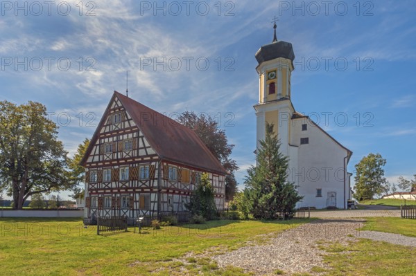 Hospital chapel in Bärenweiler from 1619 and pointed gable façade with half-timbering near Kisslegg, Allgäu, Baden-Württemberg, Germany