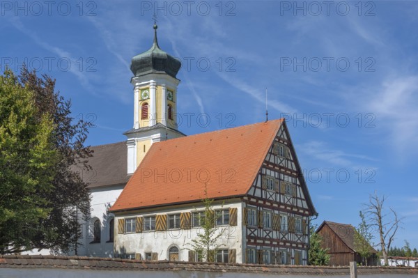 Hospital chapel in Bärenweiler from 1619 and pointed gable façade with half-timbering near Kisslegg, Allgäu, Baden-Württemberg, Germany