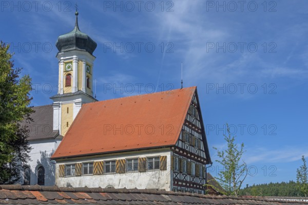 Hospital chapel in Bärenweiler from 1619 and pointed gable façade with half-timbering near Kisslegg, Allgäu, Baden-Württemberg, Germany