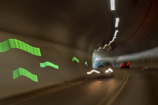 Blurred car lights, road tunnel near Isny, Allgäu, Baden-Württemberg, Germany