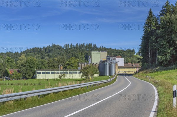 Blue sky, country road, mixed forest and factory with silo towers near Eglofs, Allgäu, Baden-Württemberg, Germany