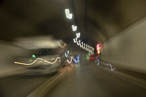 Blurred car lights, road tunnel near Isny, Allgäu, Baden-Württemberg, Germany