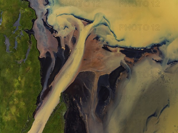River, river course, river delta, branches, aerial view, wild river, summer, marshland, sediments, sulphur, South Iceland, Iceland