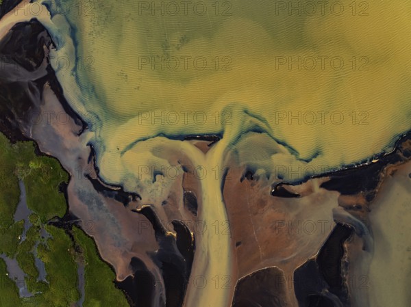 River, river course, river delta, branches, aerial view, wild river, summer, marshland, sediments, sulphur, South Iceland, Iceland
