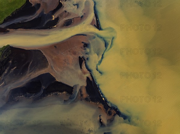 River, river course, river delta, branches, aerial view, wild river, summer, marshland, sediments, sulphur, South Iceland, Iceland