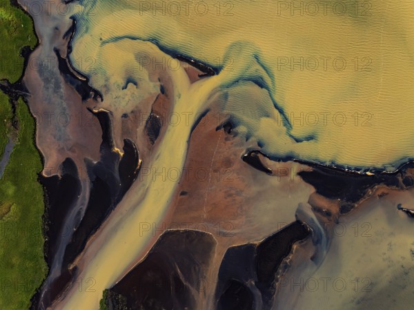 River, river course, river delta, branches, aerial view, wild river, summer, marshland, sediments, sulphur, South Iceland, Iceland