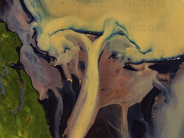 River, river course, river delta, branches, aerial view, wild river, summer, marshland, sediments, sulphur, South Iceland, Iceland