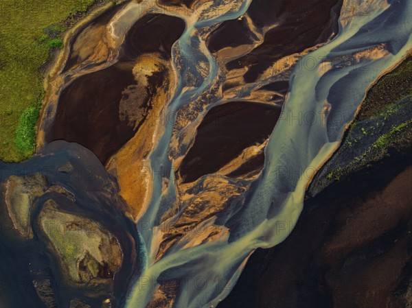River, river course, river delta, branches, aerial view, wild river, summer, marshland, sediments, South Iceland, Iceland