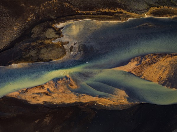 River, river course, river delta, branches, aerial view, wild river, summer, marshland, sediments, South Iceland, Iceland