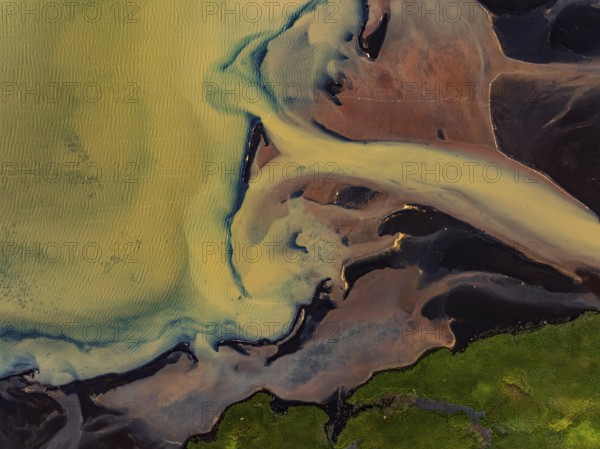 River, river course, river delta, branches, aerial view, wild river, summer, marshland, sediments, sulphur, South Iceland, Iceland