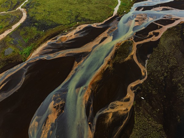 River, river course, river delta, branches, aerial view, wild river, summer, marshland, sediments, South Iceland, Iceland