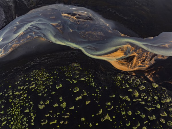 River, river course, river delta, branches, aerial view, wild river, summer, marshland, sediments, South Iceland, Iceland