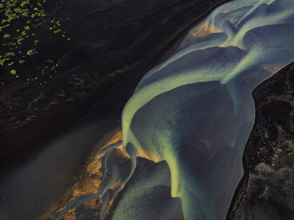 River, river course, river delta, branches, aerial view, wild river, summer, marshland, sediments, South Iceland, Iceland