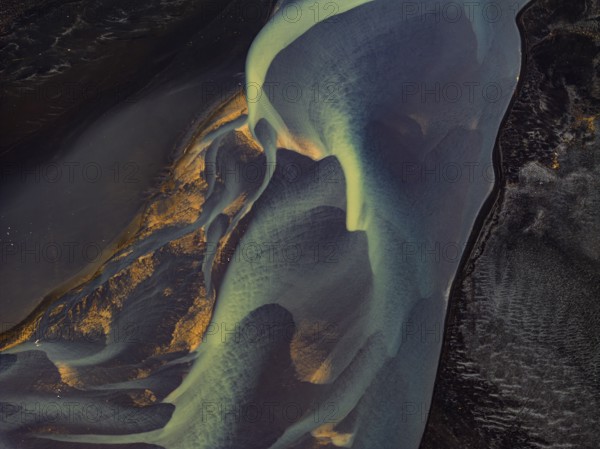 River, river course, river delta, branches, aerial view, wild river, summer, marshland, sediments, South Iceland, Iceland