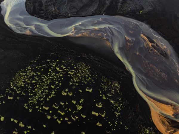 River, river course, river delta, branches, aerial view, wild river, summer, marshland, sediments, South Iceland, Iceland
